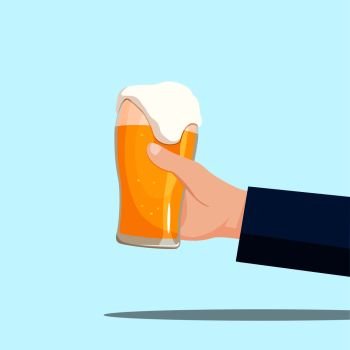 Right hand holding a beer glass on a blue background