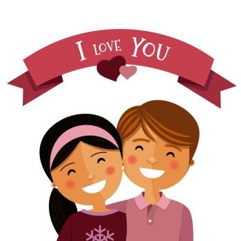 Valentine day. Couple in love. Boy and girl with ribbon I love you. Isolated vector illustration