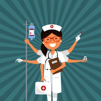 Nurse multitasking on a retro background. Medicine vector illustration