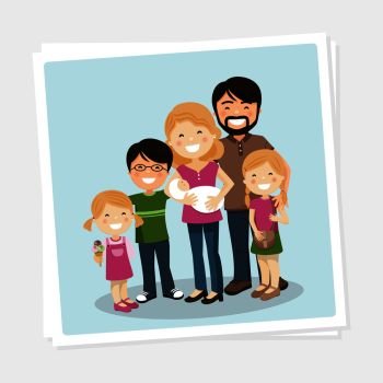 Happy family photo with parents, three children and babyborn. People vector illustration