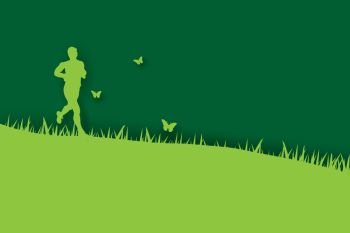 3d paper art and craft of Young runners jogging in park on green background with green grass.Man happy relax outdoors park garden have Nature butterflies flying around.Take care of your health.vector