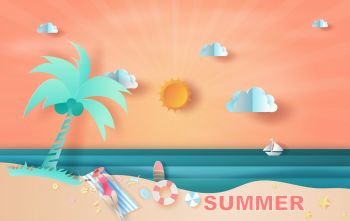 Paper art and craft of illustration summer sea view with sunset,summer time for swimming equipment,People 
sunbathing on the beach,Graphic design Seaside landscape,Paper cut style digital idea,vector