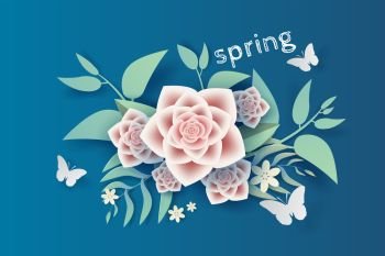 3D Paper art and craft of illustration flower and leaf decoration spring on placed text space background,Springtime season for card Environment concept,Creative idea paper cut style with card,vector