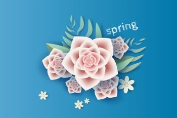 Digital 3d Paper art of illustration flower and leaf decoration spring on placed text space background,Springtime season for card Environment concept,Creative idea paper cut style with card,vector