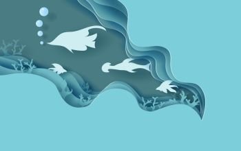 3d paper art of under water Clear sea water with abstract curve blue background.Creative design idea wildlife Funny happy fish under sea for pastel color.Paper craft,cut style illustration.vector 