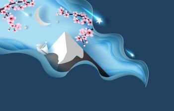 3d paper art of springtime abstract curve Landscape of Mountain Fuji.Cherry blossom spring season night.Half moon and star fall light beautiful.blue color pastel,Creative design spring concept.vector