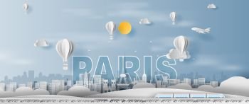 Paper craft and cut of Traveling holiday Eiffel tower Paris city France,Travel holiday time transportation train landmarks landscape concept,Creative paper art white balloon.illustration.vector.