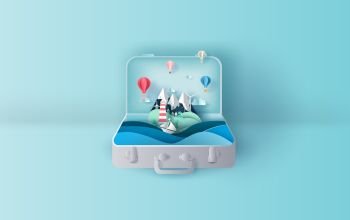 Illustration of travel in holiday vacation summer season suitcase concept.Graphic design for paper cut,craft style.summertime idea pastel color background.Sea view landscape Island relaxation. Vector