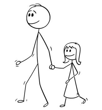Cartoon stick drawing conceptual illustration of father walking with daughter and holding her hand.. Cartoon of Father Walking With Daughter and Holding Her Hand
