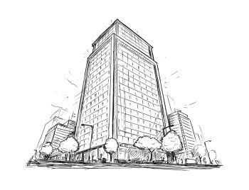 Cartoon architectural drawing sketch illustration of city street with high rise building.. Drawing of City Street High Rise Building