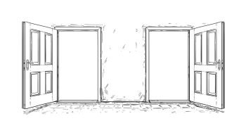 Cartoon doodle drawing of two open wooden decision door. Two choices or ways.. Cartoon of Two Open Wooden Decision Door