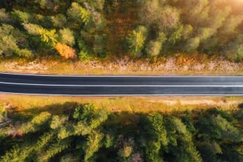 Aerial view of the road in italian forest at sunrise in Dolomites. Top view of perfect asphalt roadway, green and orange trees in autumn. Highway through the fall woodland. Trip in europe. Travel
