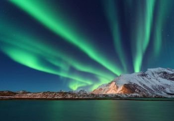 Aurora borealis above the snow covered mountain in Lofoten islands, Norway. Northern lights in winter. Night landscape with polar lights, snowy rocks, reflection in the sea. Starry sky with aurora