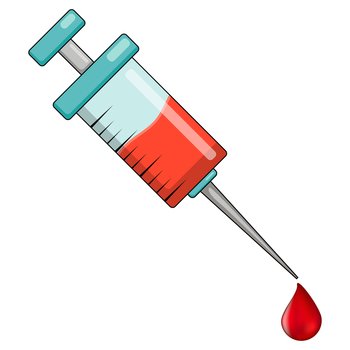 Syringe and blood drop cartoon icon. Great for  covid-19 vaccine design or blood donation symbol. Medical vector illustration isolated on white background. 