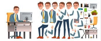 Office Worker Vector. Face Emotions, Various Gestures. Animation Creation Set. Business Man. Professional Cabinet Workman, Officer, Clerk. Isolated Cartoon Illustration. Office Worker Vector. Face Emotions, Various Gestures. Animation Creation Set. Business Man. Professional Cabinet Workman, Officer, Clerk. Isolated Cartoon Character Illustration