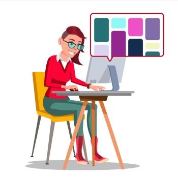 Graphic Designer Working Vector. Woman Searching For References On Popular Creative Web Site. Freelance Concept. Illustration. Graphic Designer Working Vector. Woman Searching For References On Popular Creative Web Site. Freelance Concept. Isolated Illustration
