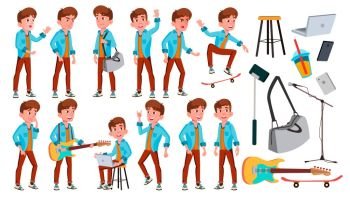 Teen Boy Poses Set Vector. Face. Children. For Web, Brochure, Poster Design. Isolated Cartoon Illustration. Teen Boy Poses Set Vector. Adult People. Casual. For Advertisement, Greeting, Announcement Design. Isolated Cartoon Illustration