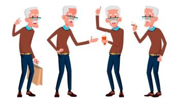 Old Man Poses Set Vector. Elderly People. Senior Person. Aged. Caucasian Retiree. Smile. Web, Poster, Booklet Design Isolated Cartoon Illustration. Old Man Poses Set Vector. Elderly People. Senior Person. Aged. Beautiful Retiree. Life. Card, Advertisement, Greeting Design. Isolated Cartoon Illustration