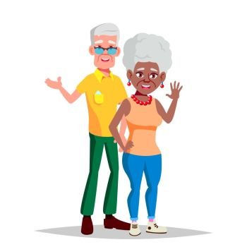 Elderly Couple Vector. Grandpa With Grandmother. Lifestyle. Couple Of Elderly People. Afro American, European. Isolated Flat Cartoon Illustration. Elderly Couple Vector. Modern Grandparents. Elderly Family. Grey-haired Characters. Black, Afro American, European. Isolated Flat Cartoon Illustration