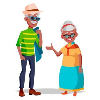 Elderly Couple Vector. Modern Grandparents. Old Age. With Glasses. Isolated Flat Cartoon Illustration. Elderly Couple Vector. Grandfather And Grandmother. Silver Hair. Senior Lady And Gentleman. Black, Afro American. Isolated Flat Cartoon Illustration