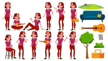 Teen Girl Poses Set Vector. Adult People. Casual. For Advertisement, Greeting, Announcement Design. Isolated Cartoon Illustration. Teen Girl Poses Set Vector. Fun, Cheerful. For Web, Poster, Booklet Design. Isolated Cartoon Illustration