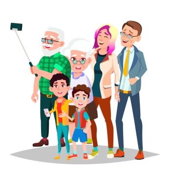 Family Vector. Mom, Dad, Children, Grandparents Together Decoration Element Isolated Cartoon Illustration. Family Portrait Vector. Big Happy Family. Traditional. Parents, Grandparents, Children. Colorful Design. Isolated Cartoon Illustration