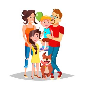 Family Vector. Mom, Dad, Children Together. In Santa Hats. Full Family. Decoration Element Isolated Cartoon Illustration. Family Portrait Vector. Dad, Mother, Kids. In Santa Hats. Cheerful. Greeting, Postcard, Colorful Design. Isolated Cartoon Illustration