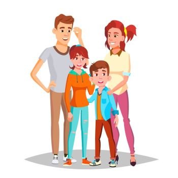 Family Portrait Vector. Dad, Mother, Kids. In Santa Hats. Cheerful. Greeting, Postcard Colorful Design Isolated Cartoon Illustration. Family Portrait Vector. Parents, Children. Happy. Poster, Advertising Template. Isolated Cartoon Illustration