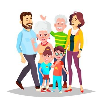 Family Portrait Vector. Big Happy Family. Traditional. Parents, Grandparents, Children. Colorful Design Isolated Cartoon Illustration. Family Vector. Full Family. Portrait. Dad, Mother, Kids, Grandparents. Poster, Advertising Template. Isolated Cartoon Illustration