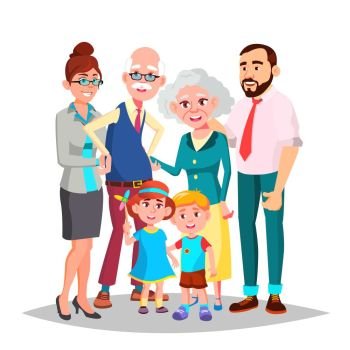 Family Vector. Cheerful. Mom, Dad, Children, Grandparents Together. Banner Flyer Brochure Design Isolated Cartoon Illustration. Family Vector. Mom, Dad, Children, Grandparents Together. Decoration Element. Isolated Cartoon Illustration