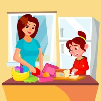 Little Girl Helping Mother In The Kitchen Vector. Lunch Box. Illustration. Little Girl Helping Mother In The Kitchen Vector. Lunch Box. Isolated Illustration