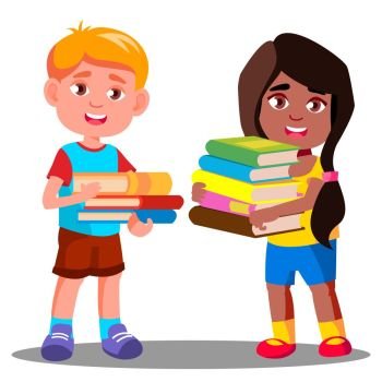 Child Is Carrying A Heavy Pile Of Books Vector. Illustration. Child Is Carrying A Heavy Pile Of Books Vector. Isolated Illustration