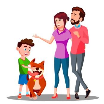 Parents Present A Dog To A Child Vector. Illustration. Parents Present A Dog To A Child Vector. Isolated Illustration
