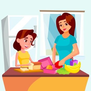 Daughter Helps Her Mother Cooking Together In The Kitchen Vector. Illustration. Daughter Helps Her Mother Cooking Together In The Kitchen Vector. Isolated Illustration