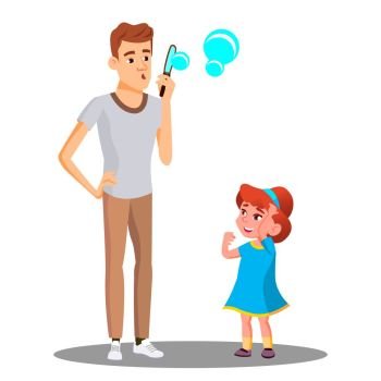 Father With Daughter Blow The Soap Bubbles Vector. Illustration. Father With Daughter Blow The Soap Bubbles Vector. Isolated Illustration