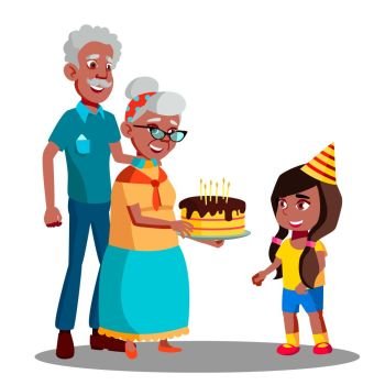 Afro American Old Man, Woman Celebrating Child Granddaughter Birthday Vector. Illustration. Afro American Old Man, Woman Celebrating Child Granddaughter Birthday Vector. Isolated Illustration