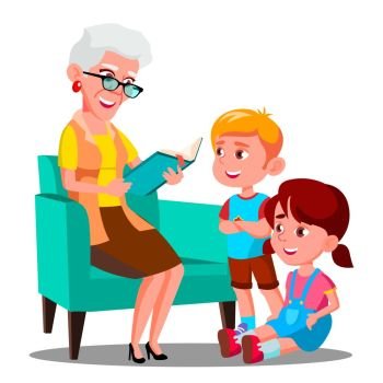 Grandmother Is Reading A Book To Her Grandchildren Vector. Illustration. Grandmother Is Reading A Book To Her Grandchildren Vector. Isolated Illustration