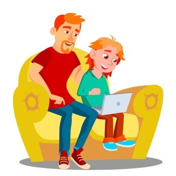 Father And Son Using Laptop On The Sofa Vector. Illustration. Father And Son Using Laptop On The Sofa Vector. Isolated Illustration
