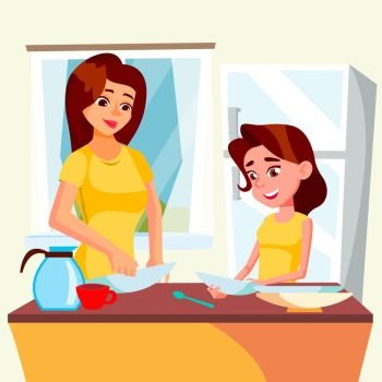 Little Girl Helping Mother Wash Dishes In Kitchen Vector. Illustration. Little Girl Helping Mother Wash Dishes In Kitchen Vector. Isolated Illustration