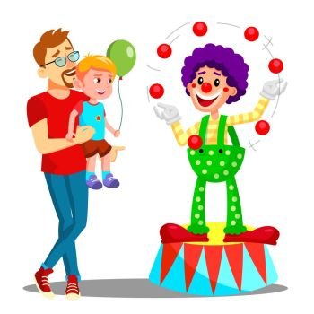 Father And Son In Amusement Park Vector. Clown. Illustration. Father And Son In Amusement Park Vector. Clown. Isolated Illustration