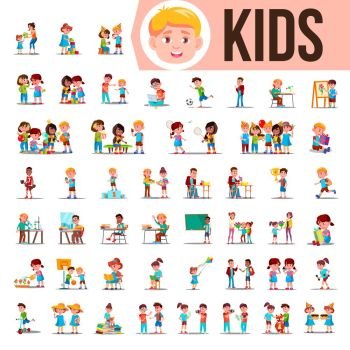 Kids Children Set Vector. Funny Family Members Spending Time Together At Home, Outdoor. Lifestyle Situations. School, Kindergarten. Cartoon Illustration. Kids Children Set Vector. Baby Lifestyle Situations. Spending Time Together At Home, Outdoor. Isolated Cartoon Illustration