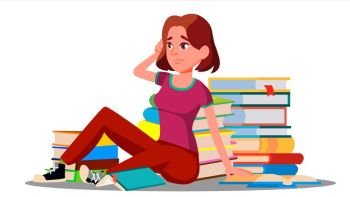 Stressed Student Sitting Surrounded By Stacks Of Books On Floor Vector. Illustration. Stressed Student Sitting Surrounded By Stacks Of Books On Floor Vector. Isolated Illustration