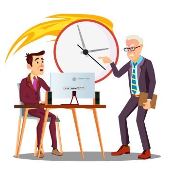 Deadline, Scared Employee Working Next To Angry Manager Vector. Illustration. Deadline, Scared Employee Working Next To Angry Manager Vector. Isolated Illustration
