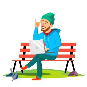 Freelance, Man Sitting On Bench In The Park With Laptop Vector. Illustration. Freelance, Man Sitting On Bench In The Park With Laptop Vector. Isolated Illustration