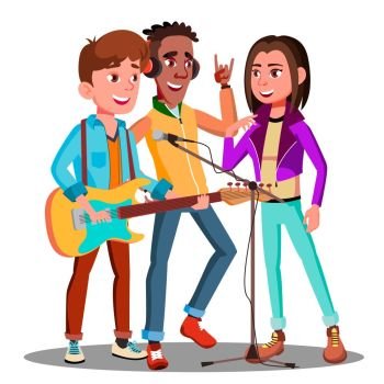 Teen Rock Band Playing Music On Guitar Vector. Illustration. Teen Rock Band Playing Music On Guitar Vector. Isolated Illustration