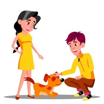 Teenager Petting The Dog In Park Vector. Illustration. Teenager Petting The Dog In Park Vector. Isolated Illustration