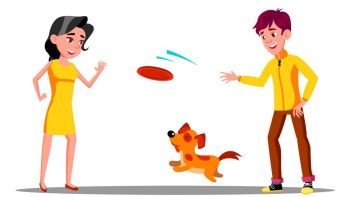 Teenager Playing With Dog In Park Vector. Illustration. Teenager Playing With Dog In Park Vector. Isolated Illustration