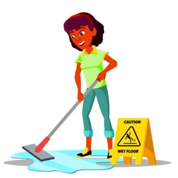 Teenager Girl Cleaning The Floor Of Flat Vector. Illustration. Teenager Girl Cleaning The Floor Of Flat Vector. Isolated Illustration