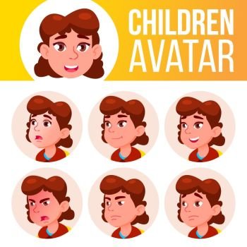 Girl Avatar Set Kid Vector. Primary School. Face Emotions. Primary, Child Pupil. Life, Emotional Cartoon Illustration. Girl Avatar Set Kid Vector. Primary School. Face Emotions. Primary, Child Pupil. Life, Emotional. Cartoon Head Illustration