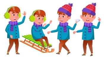 Boy Set Vector. Happy Childhood. Winter Holidays. For Web, Poster, Booklet Design Isolated Illustration. Boy Set Vector. Happy Childhood. Winter Holidays. For Web, Poster, Booklet Design. Isolated Cartoon Illustration